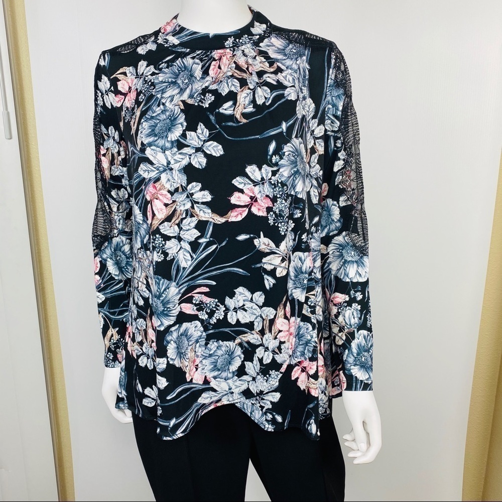 CATHERINE CATHERINE MALANDRINO Blouse Sz S Mock-neck Lace-sleeve Floral
